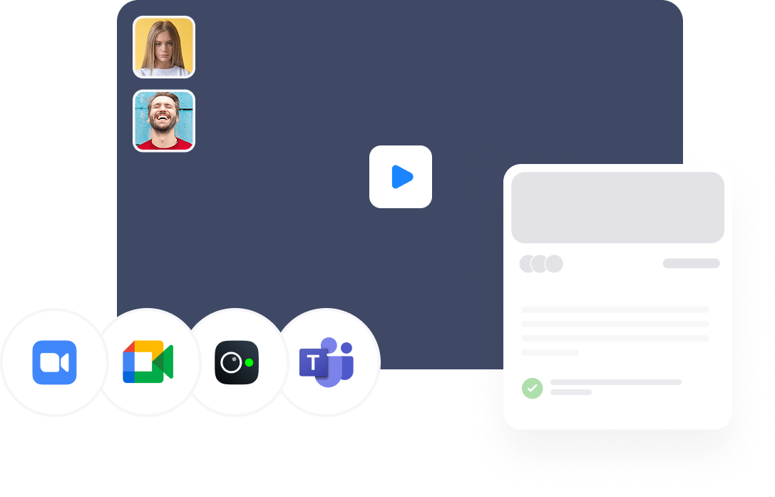 Экран ГласПро: видеовстреча подключена к Zoom, Meet, Телемосту и Teams, справа — карточка готового протокола